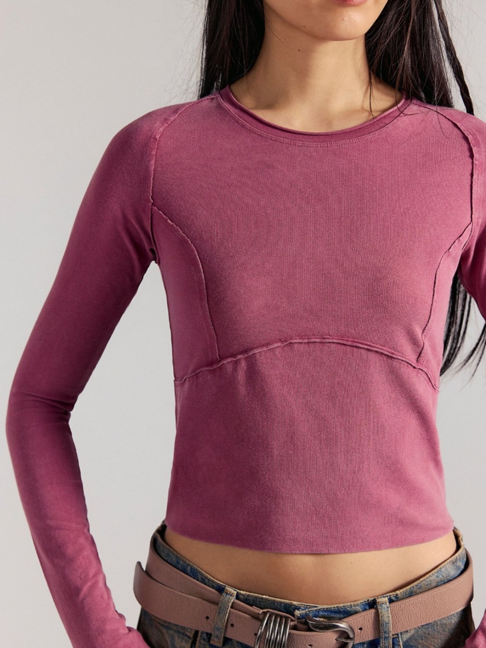 Free People (We the Free) "Protagonist" Long Sleeve Top in Dark Pink, M